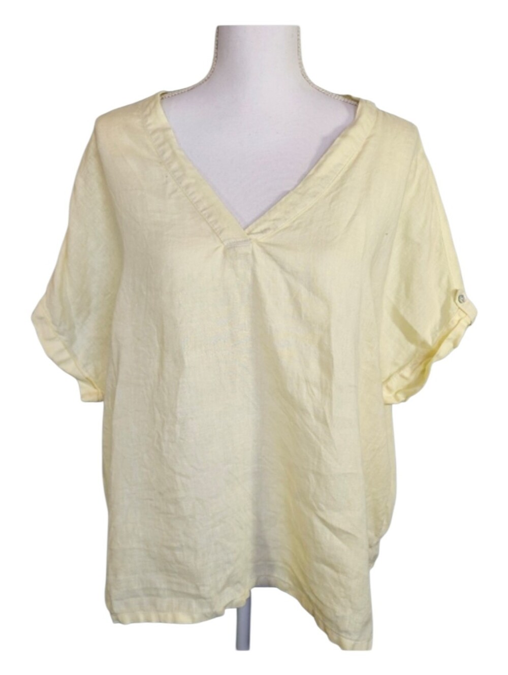 Isaac Rizhari  Pale Yellow 100% Linen Lagenlook V-neck Blouse Women's Size XL